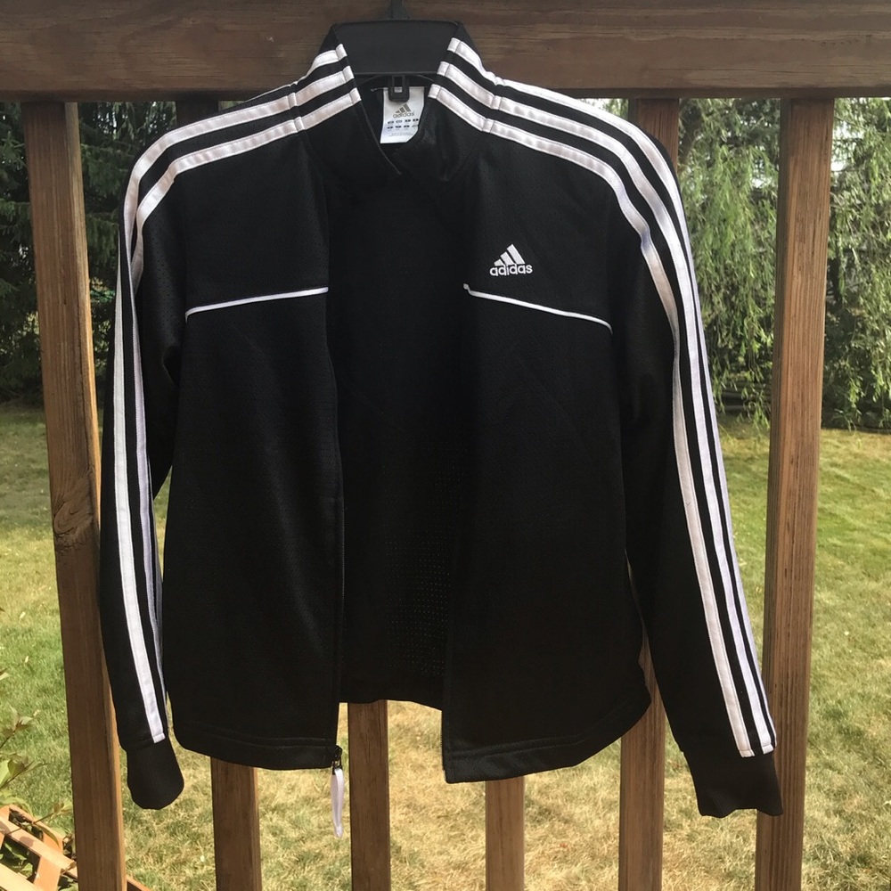 Adidas zip up black jacket with white stripes